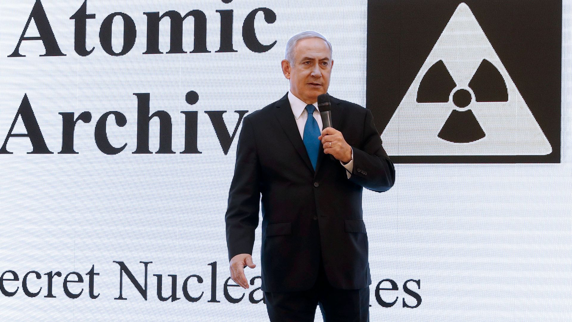 Israeli Prime Minister Benjamin Netanyahu delivers a speech on Iran's nuclear program at the defence ministry in Tel Aviv on April 30, 2018