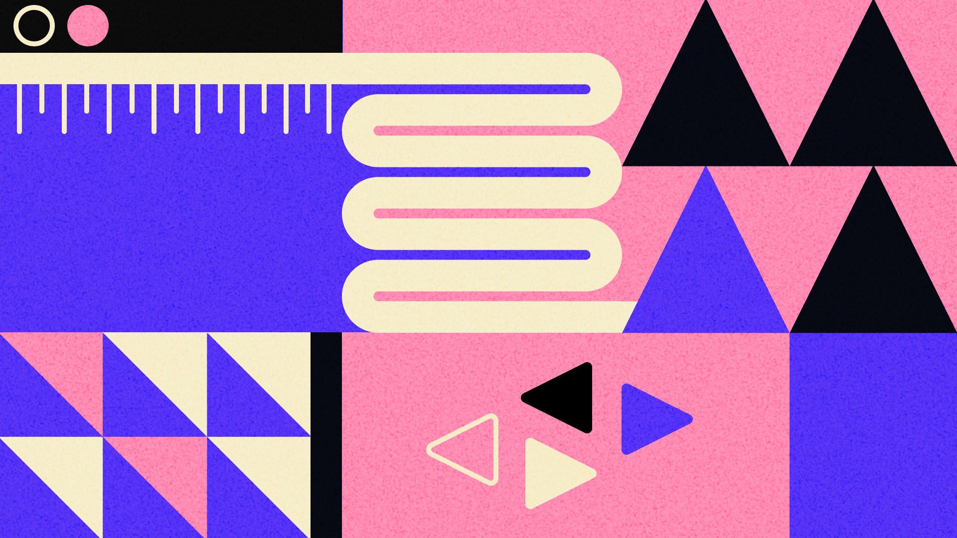 An illustration of an bstract geometric design with pink, purple, cream, and black shapes, including triangles, rectangles, a wavy line, a ruler-like pattern, and a recreation of the Nielson logo