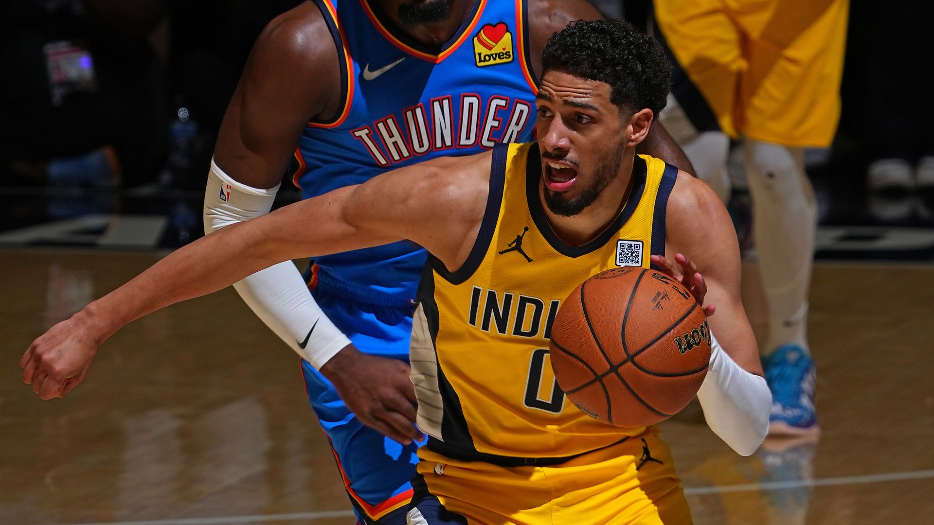 Tyrese Haliburton #0 of the Indiana Pacers dribbles the ball during the game against the Oklahoma City Thunder during Game Six of the 2025 NBA Finals on June 19, 2025 at Gainbridge Fieldhouse in Indianapolis, Indiana.