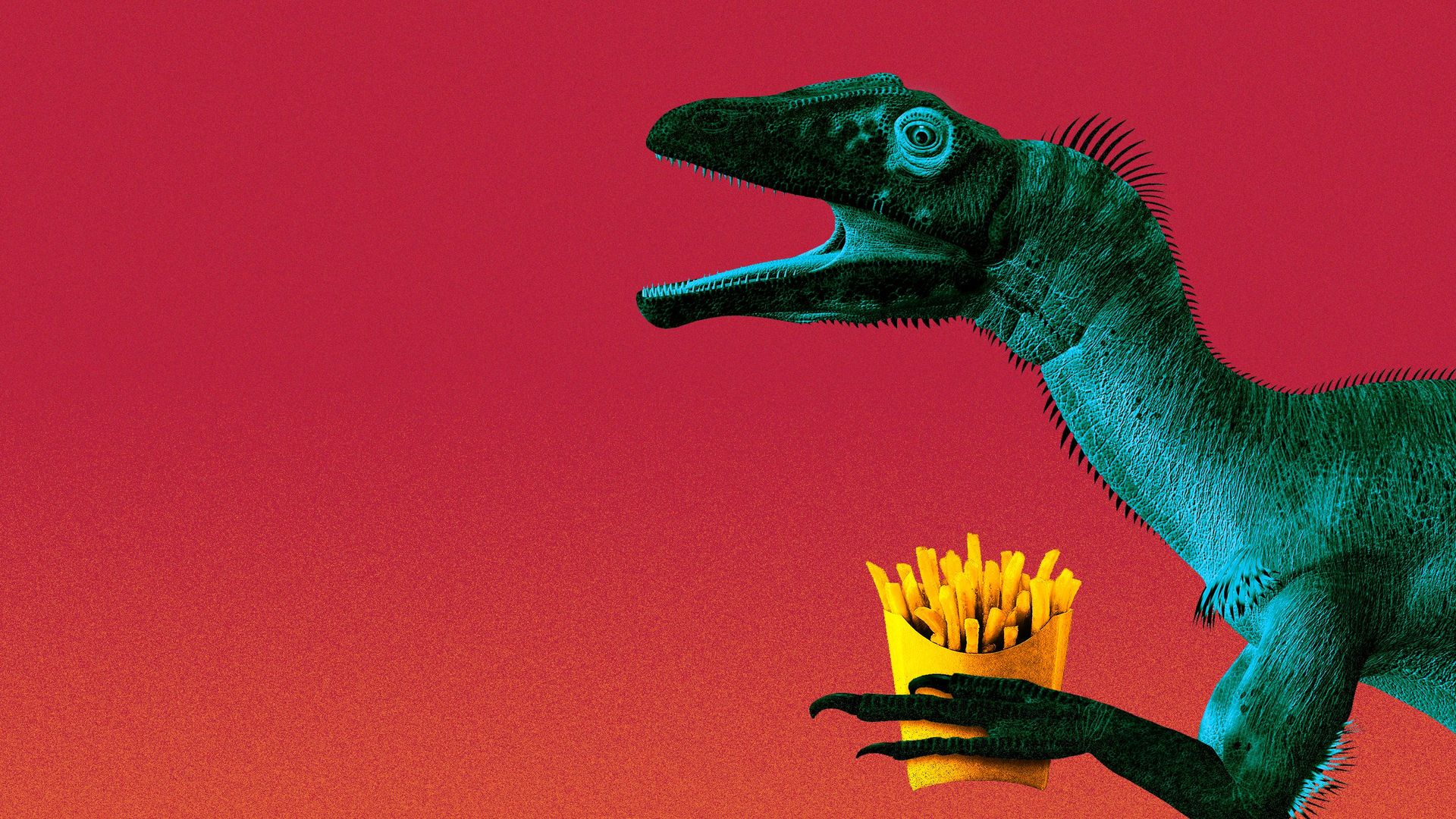 Illustration of a utahraptor holding french fries. 