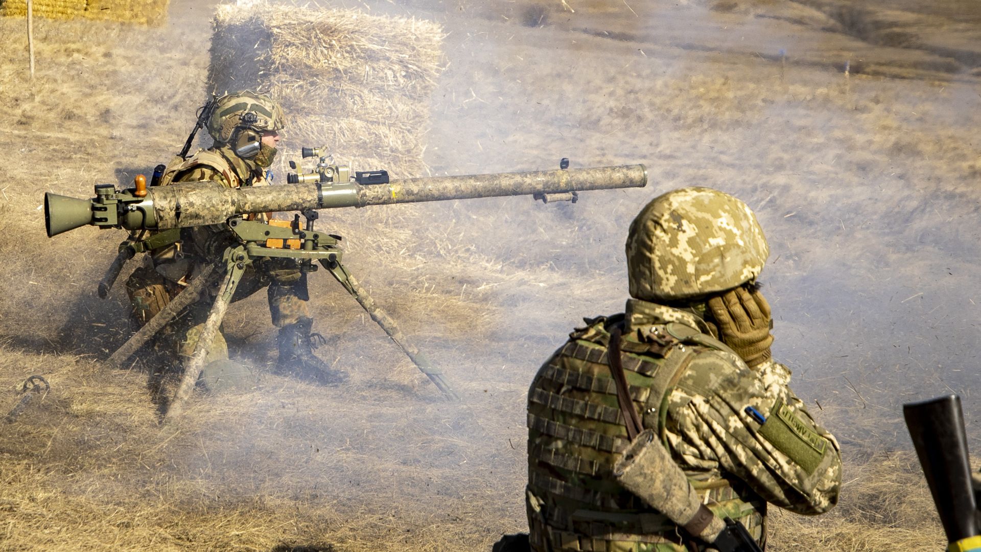 Ukrainian soldiers are seen during their shooting training at the front with US-made weapons in Zaporizhzhia, Ukraine on March 04, 2023.