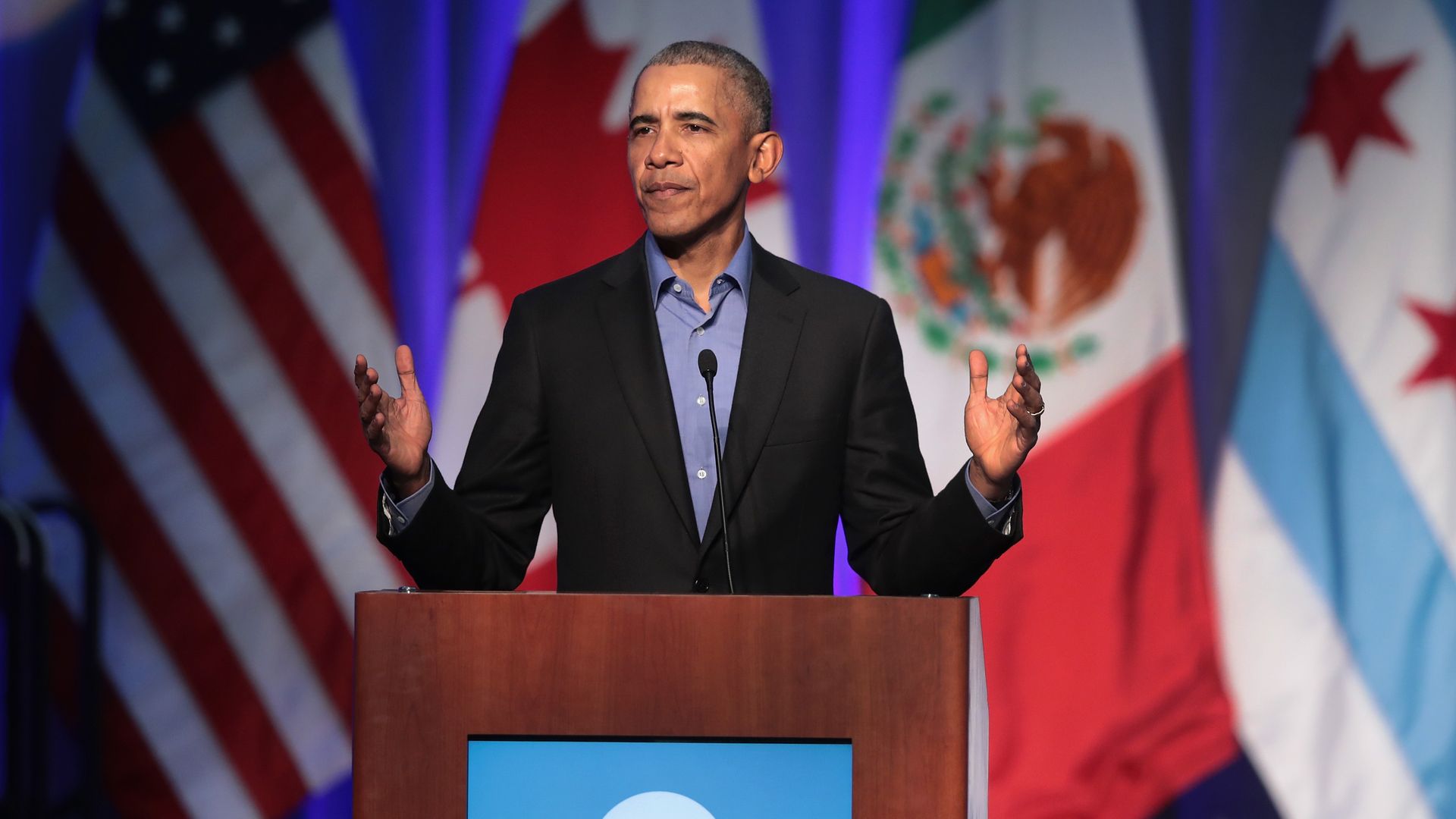 Former president Obama gives a speech in Chicago