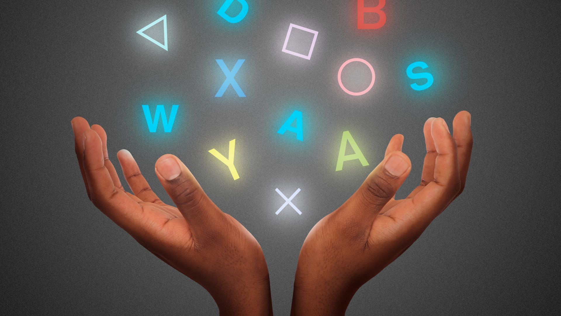 Illustration of a pair of Black hands held out with glowing video game lettering and symbols floating above. 