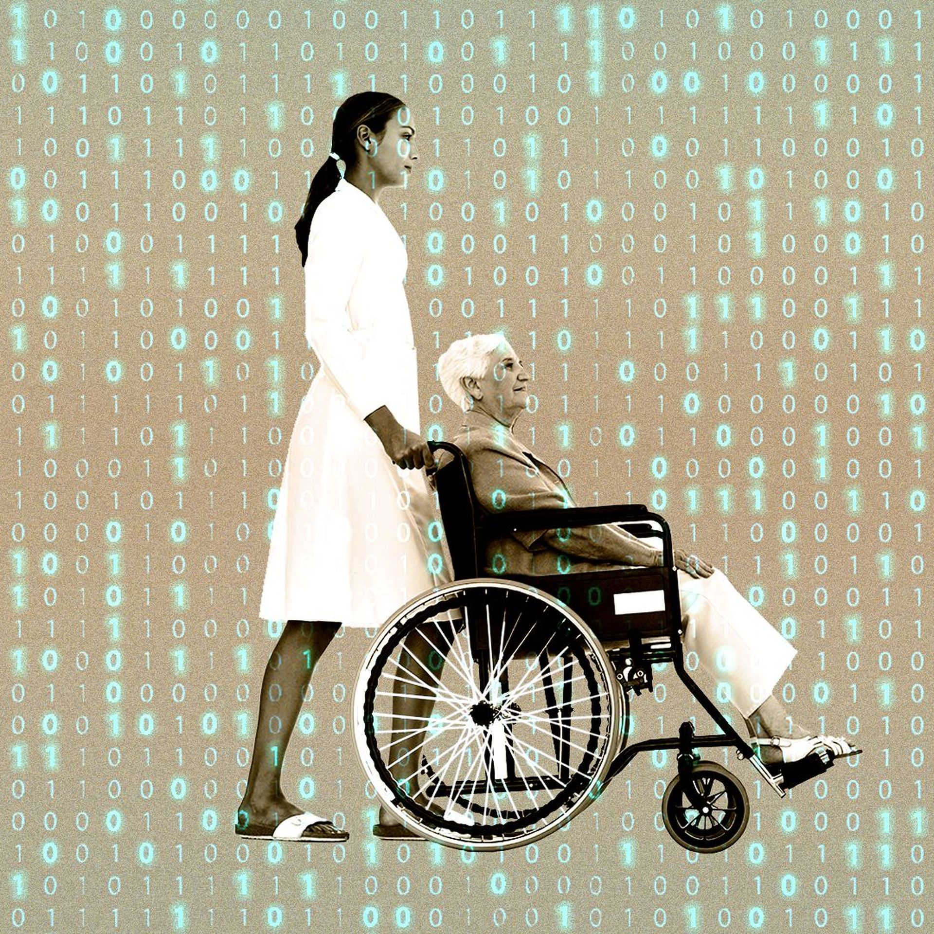 Illustration of a nurse pushing a senior citizen in a wheelchair with binary code lighting up in the background