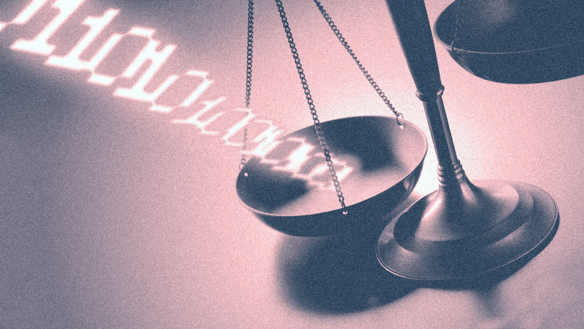 Illustration of the Scales of Justice, with a line of binary code pushing down one of the sides.