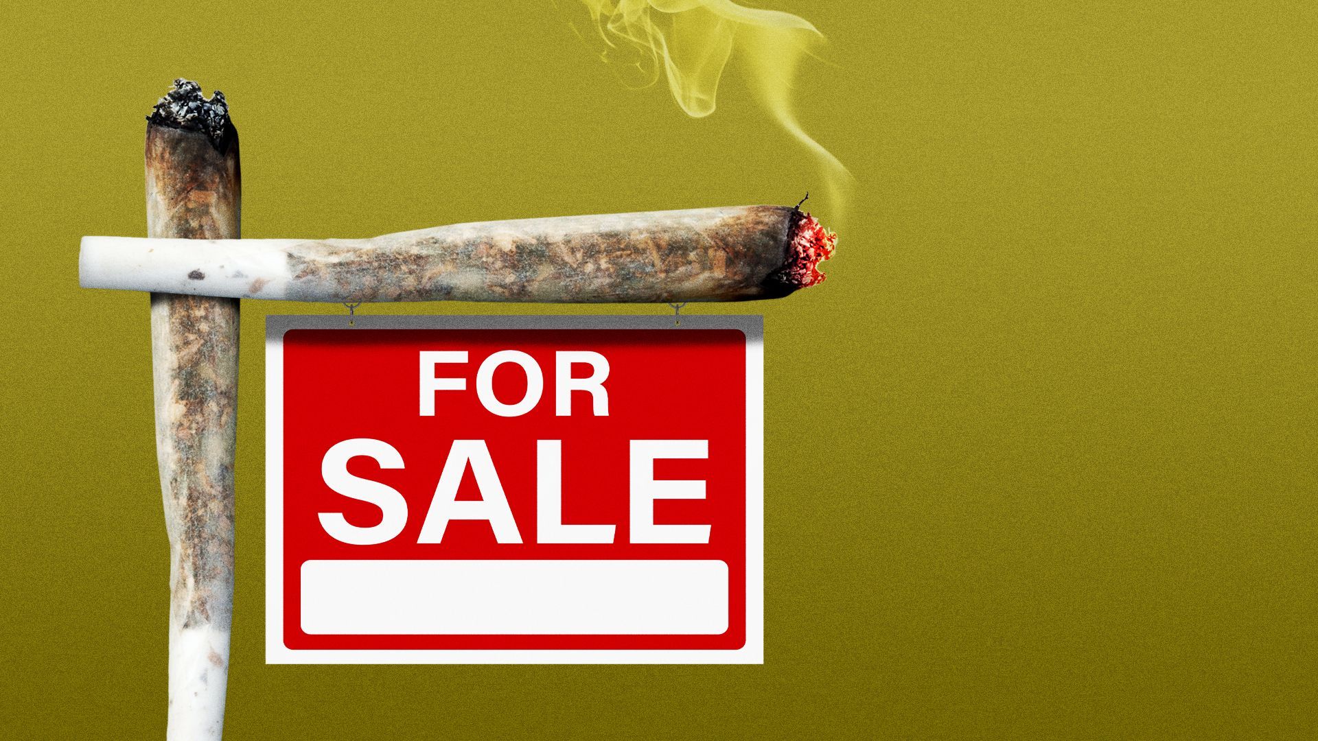 Illustration of a "for sale" sign post made out of two marijuana joints. 