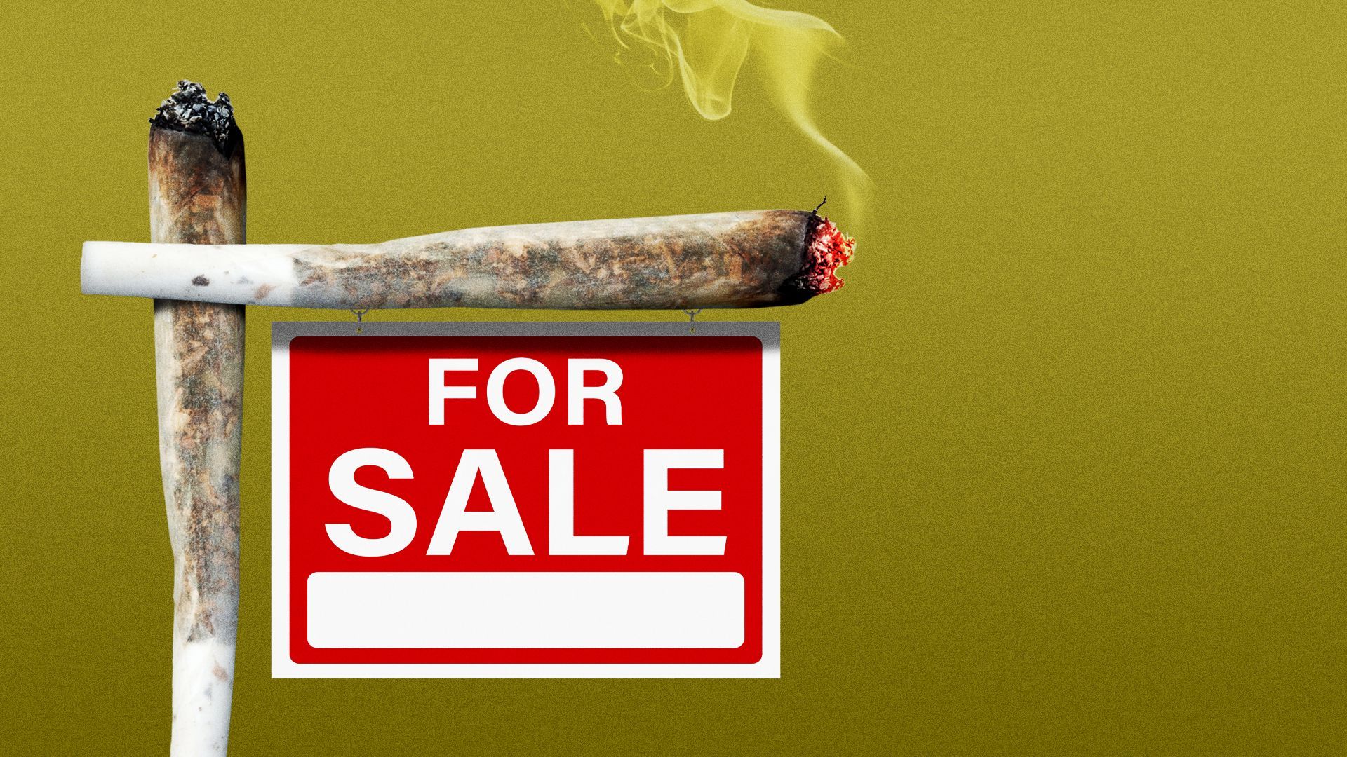 Illustration of a "for sale" sign post made out of two marijuana joints.