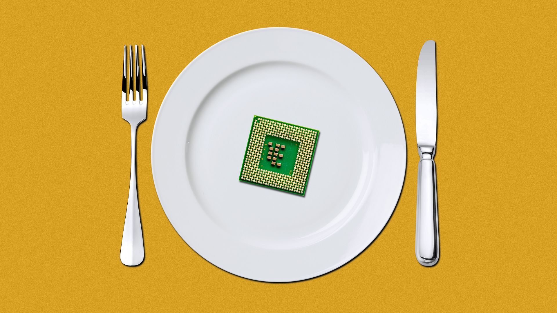 Illustration of a lone computer chip on an otherwise empty plate, a fork and knife are on each side of the plate.  