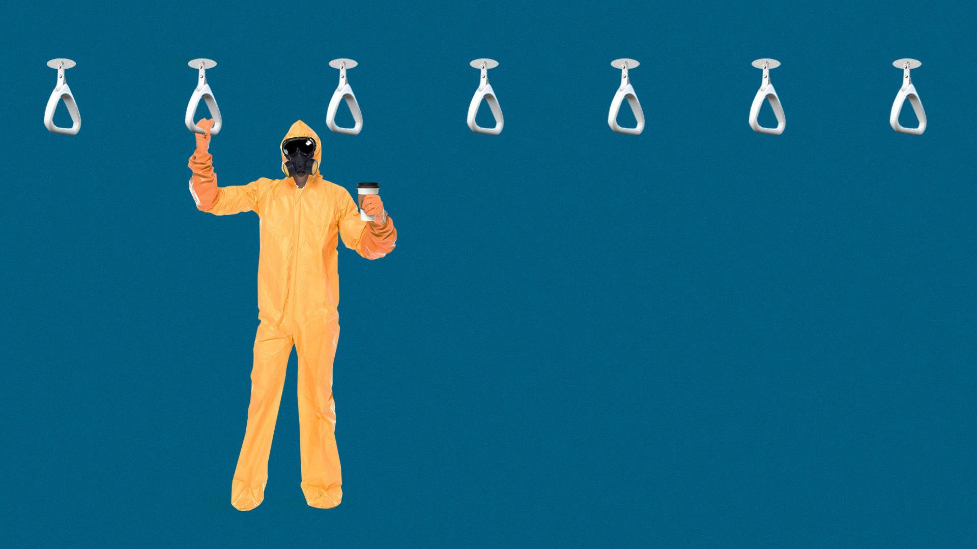 Illustration of worker in a hazmat suit riding public transportation