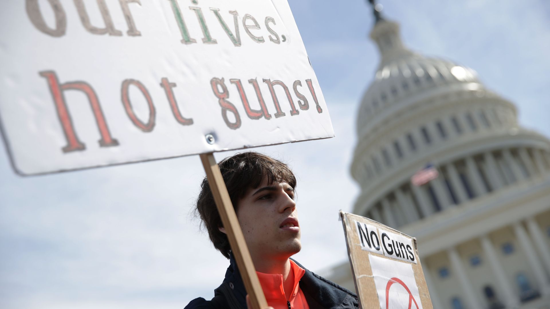 Photo of a protester in DC holding a sign that signs, "Not lives, not guns!" and another sign that shows a gun with a red X over it