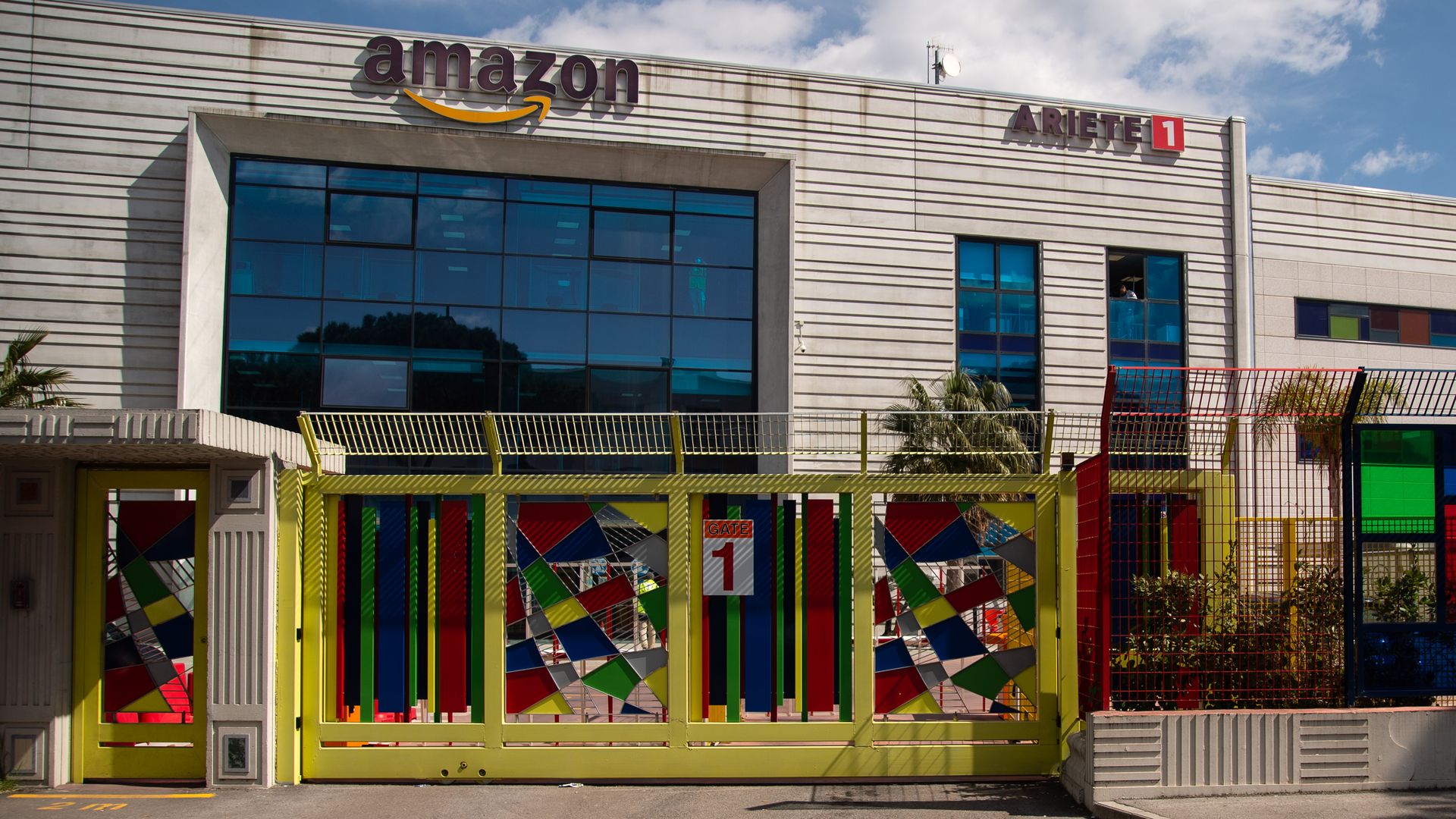 The outside of Amazon's Ariete 1 sorting warehouse in Arzano, Italy, in March 2021.