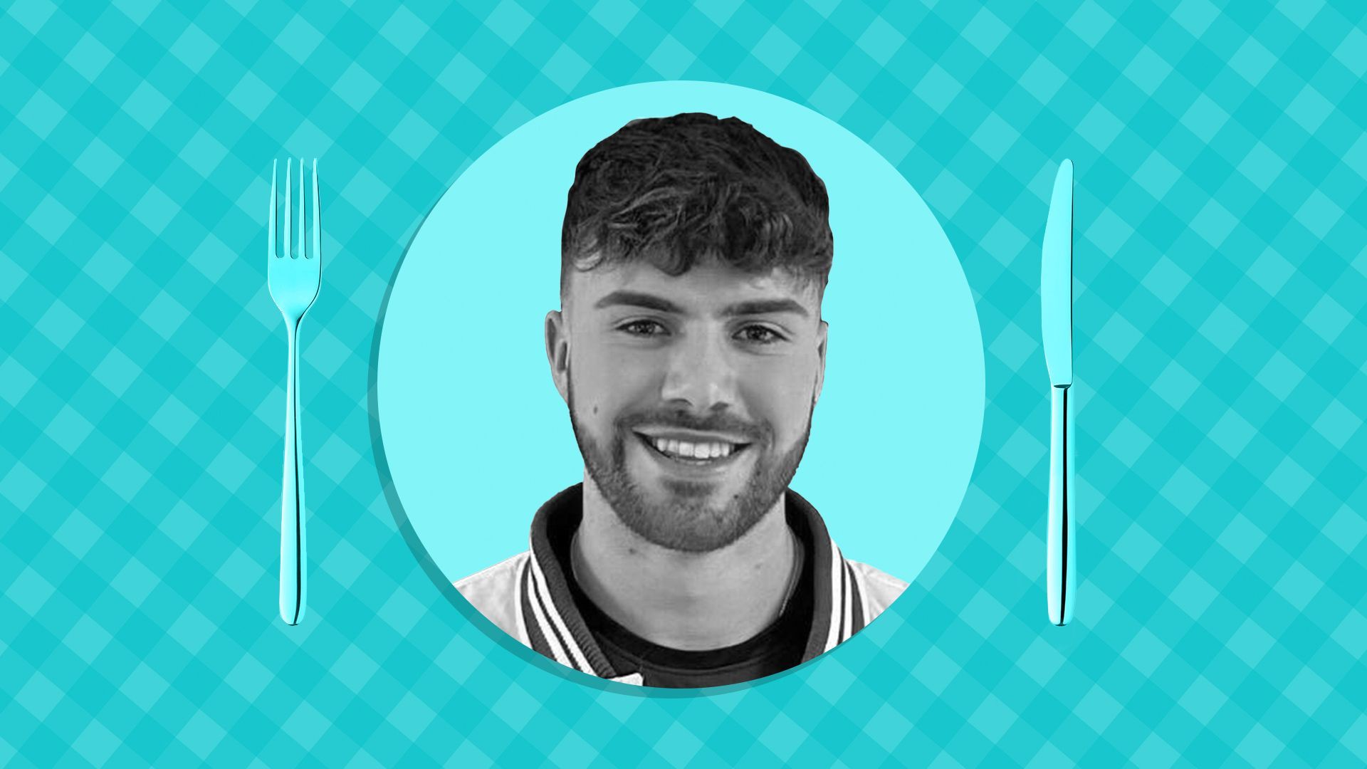 Photo illustration of Kit Chilvers in front of a picnic table print background.