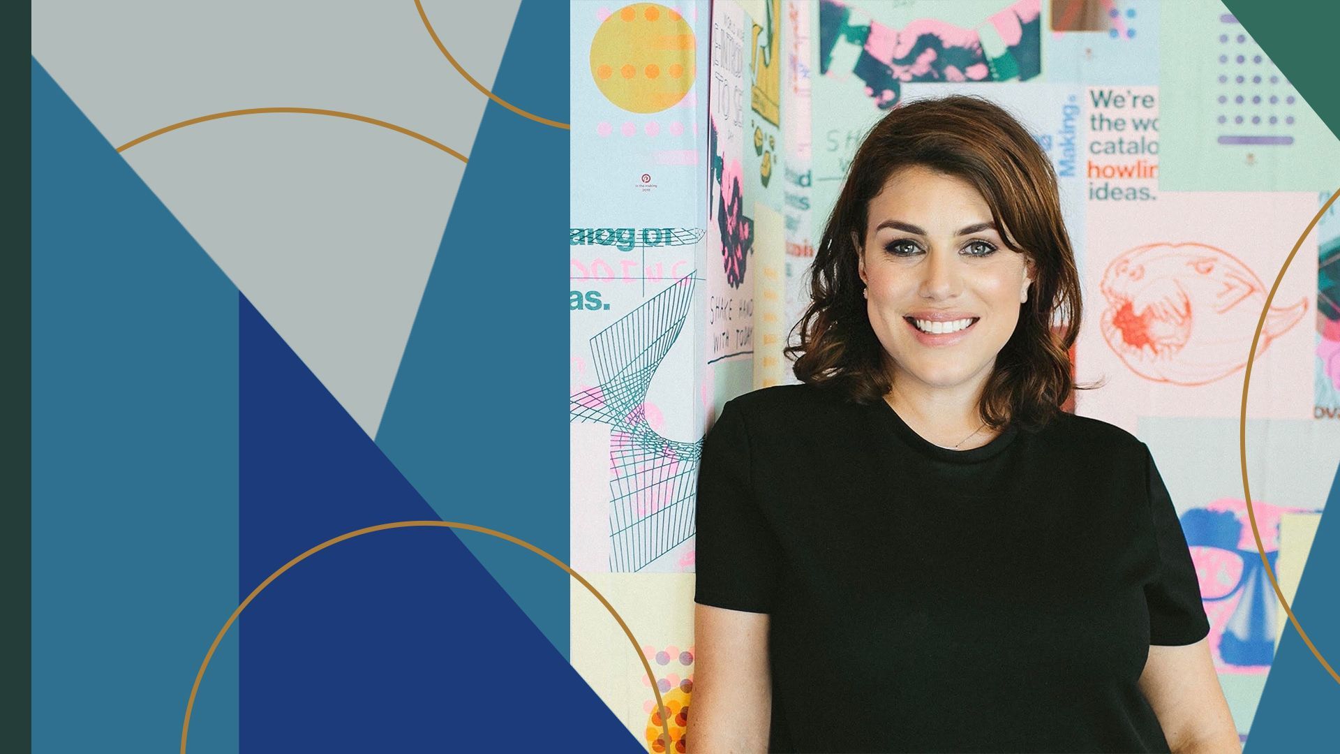 Photo illustration of Christine Schirmer surrounded by graphic shapes