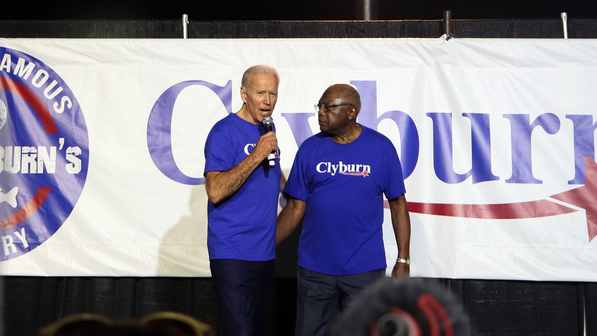 Joe Biden takes the stage with US Representative Jim Clyburn at the World Famous Jim Clyburn Fish Fry at the EdVenture Children's Museum in Columbia, South Carolina,