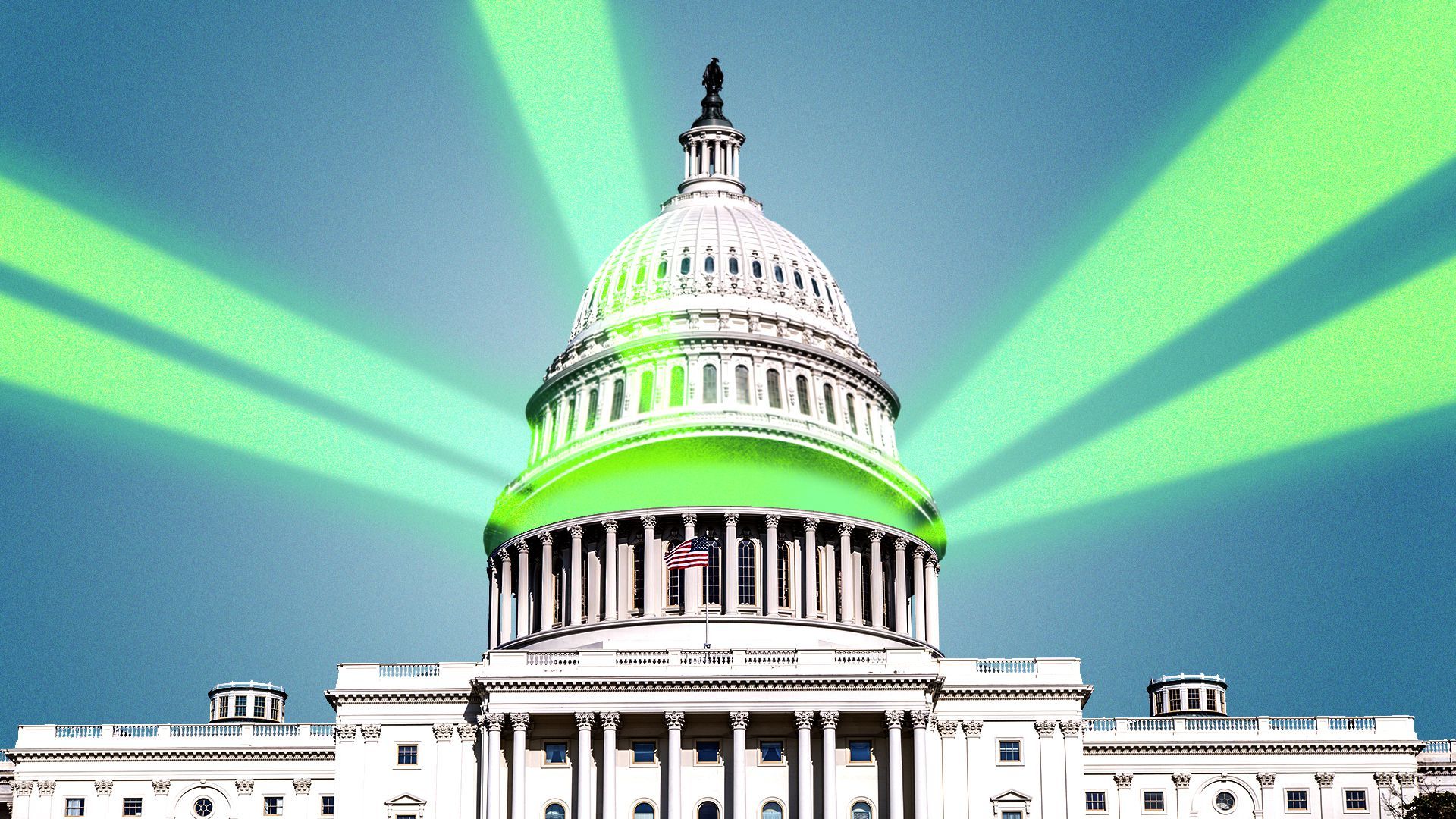 Illustration of the Capitol building's dome lifting upward, letting glowing beams of lights escape from inside