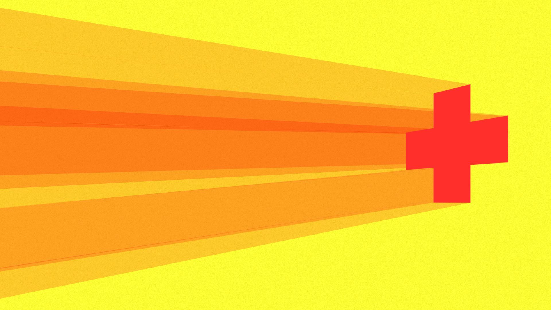 Illustration of a medical red cross with beams of light cast from one side