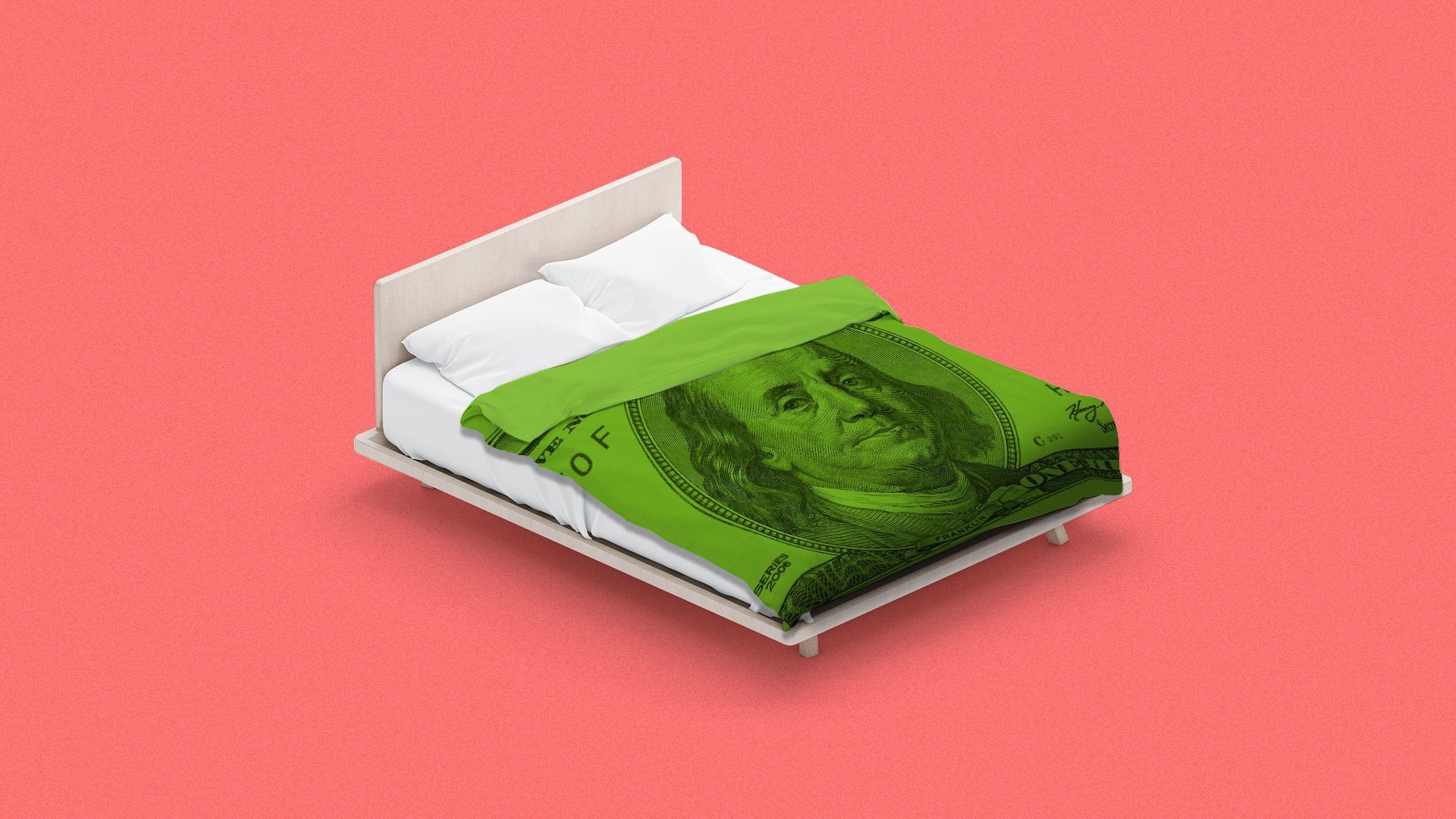 Illustration of a $100 bill used as a blanket on a bed.