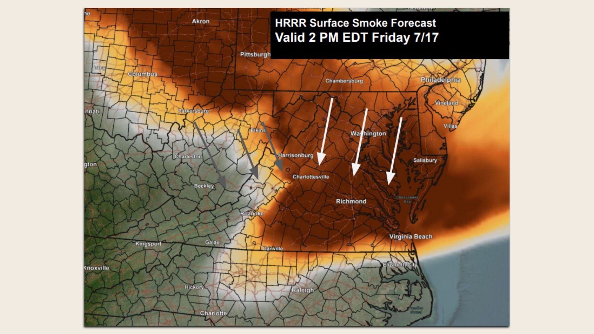 HRRR Surface Smoke Forecast map for 2 PM EDT Friday 7/17, showing orange-brown smoke over Virginia and surrounding areas with white arrows indicating plume direction.