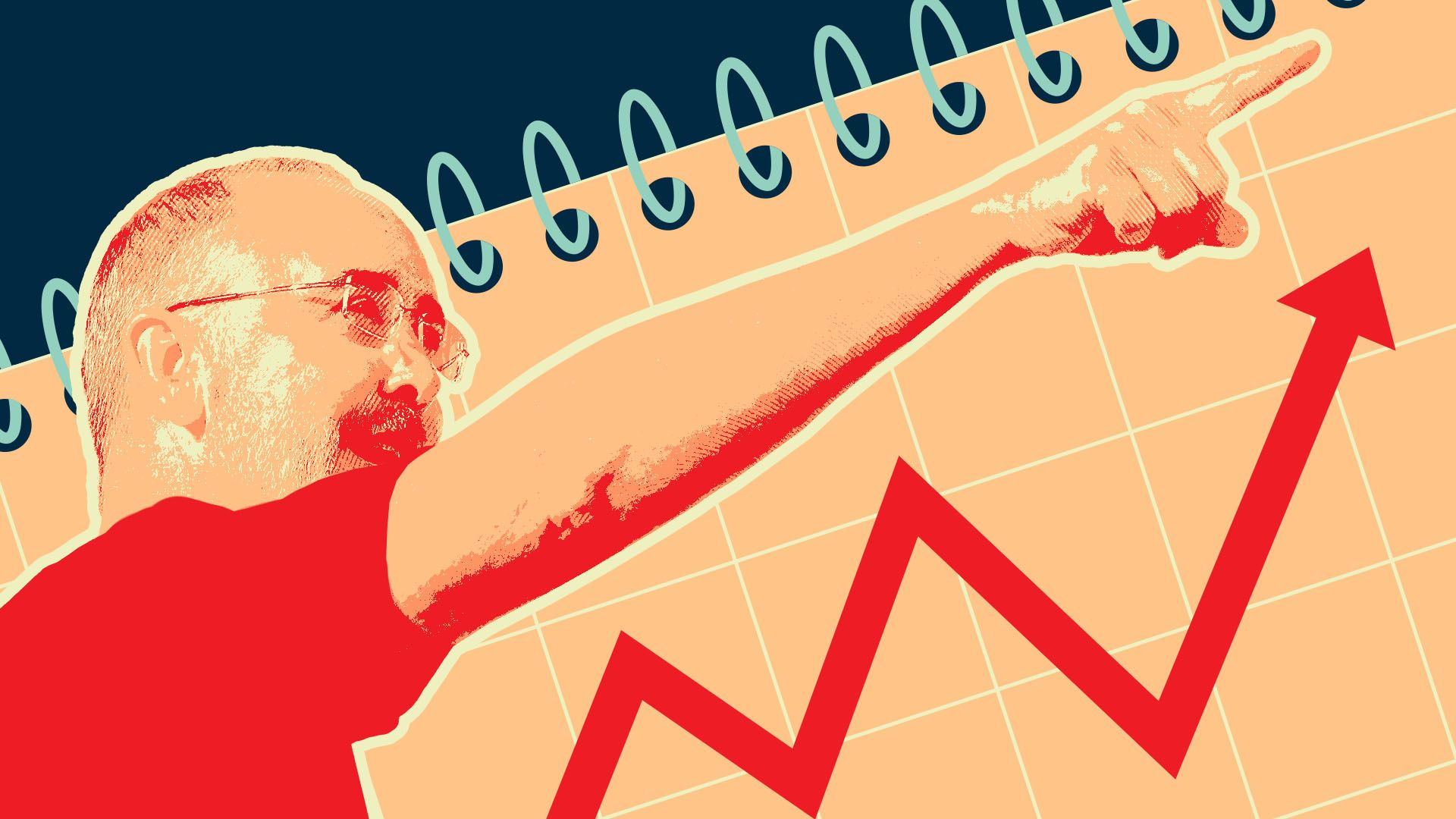 Photo illustration of United Automobile Workers President Shawn Fain in front of a calendar with an upward trending arrow on it