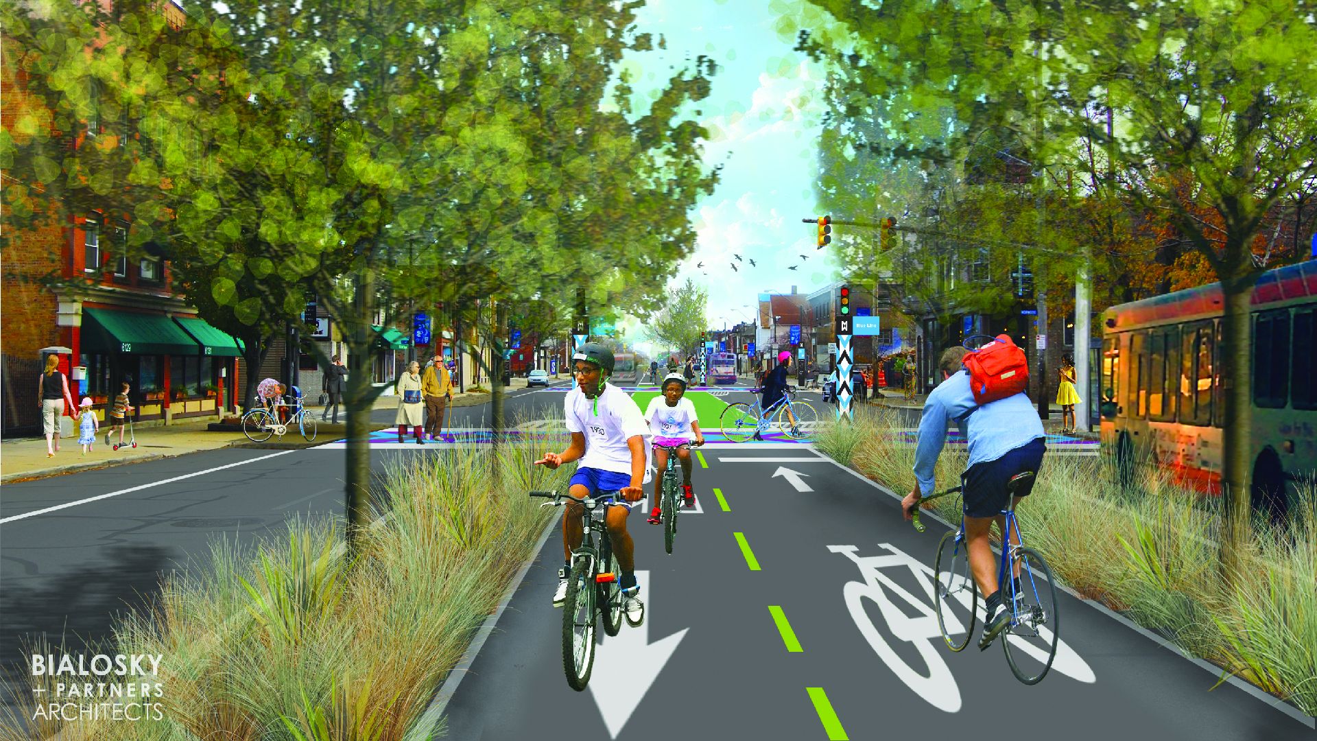 Architect's rendering of a center bike lane down Cleveland's Superior Avenue