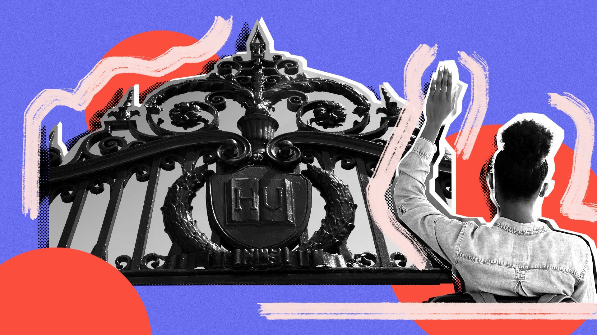 Photo illustration collage of the Howard University entrance gates alongside a student raising their hand