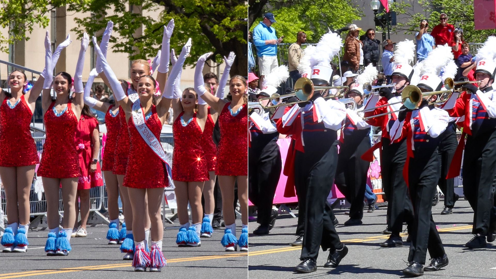 Image shows a marching band and majorettes in a parade.