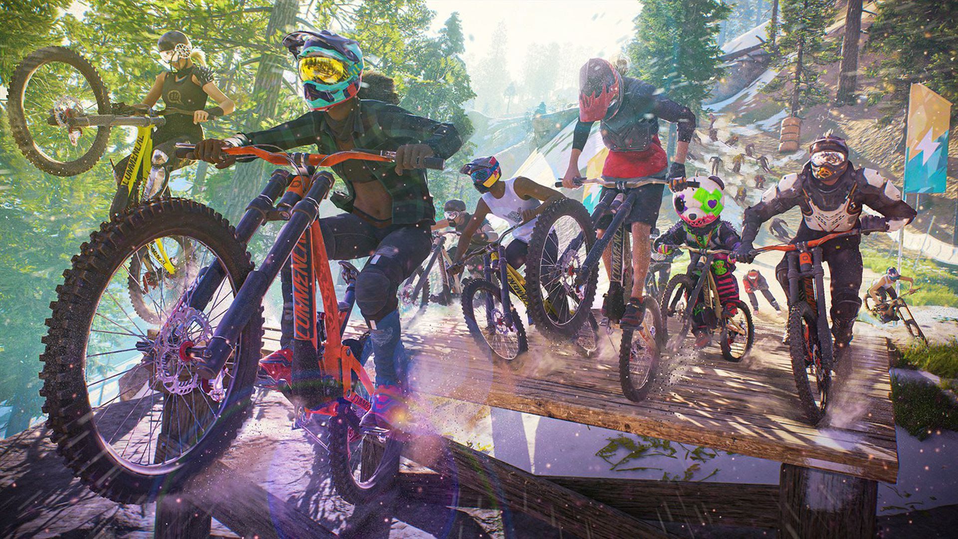 Video game screenshot of a group of mountain bikers