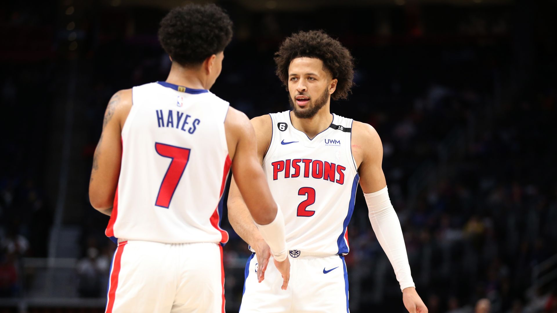 Pistons' Killian Hayes and Cade Cunningham high fiving