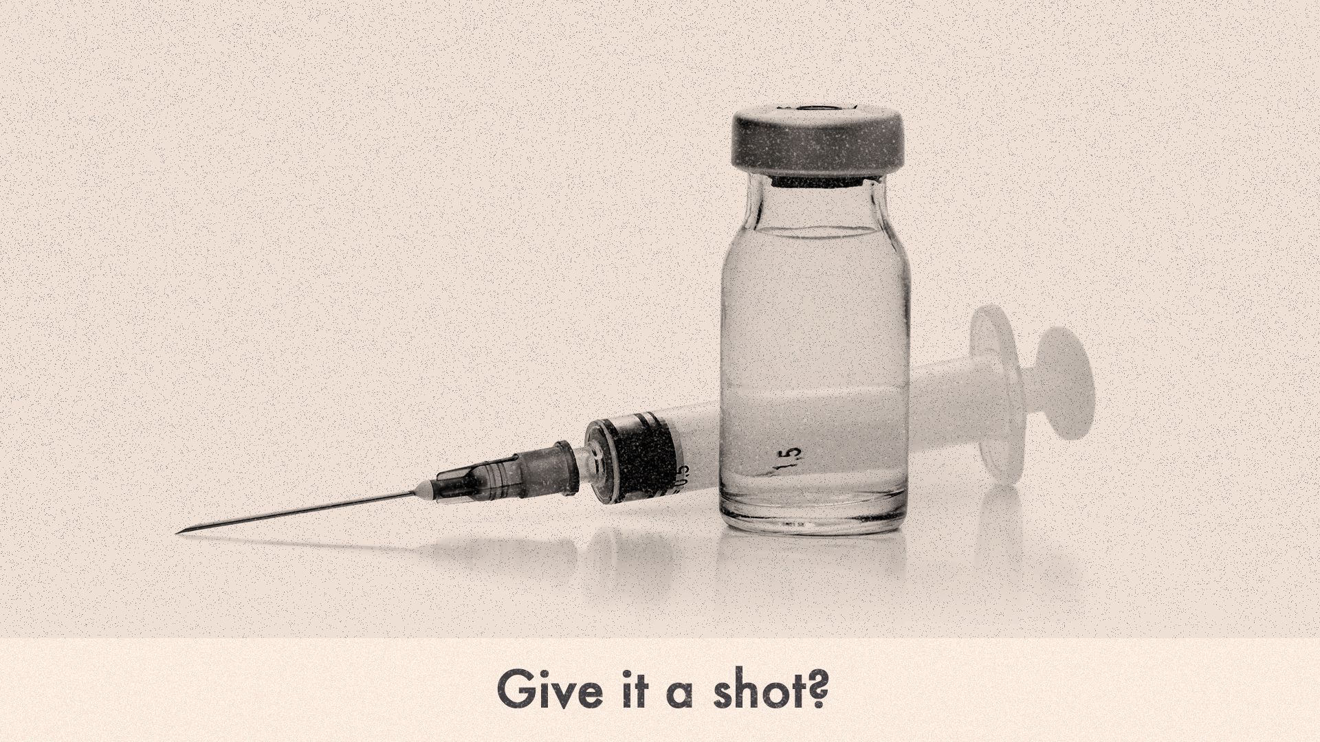 Illustration of a syringe and vial with text underneath that reads, "Give it a shot?" stylized in the 1950s-60s VW advertisement style.   