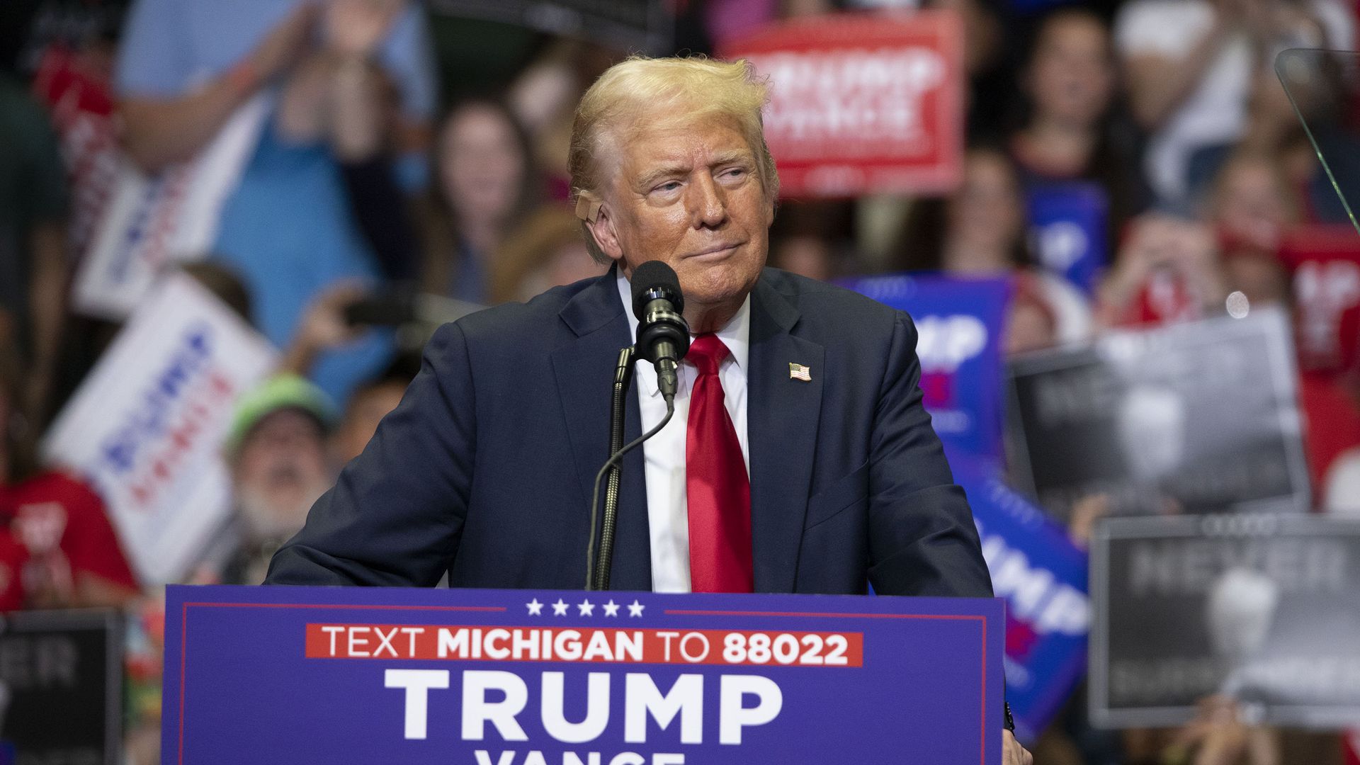 former President Donald J. Trump holds his first public campaign rally with his running mate, Vice Presidential nominee U.S. Senator J.D. Vance (R-OH) (not pictured), at the Van Andel Arena on July 20, 2024 in Grand Rapids, Michigan. This is also Trump's first public rally since he was shot in the e