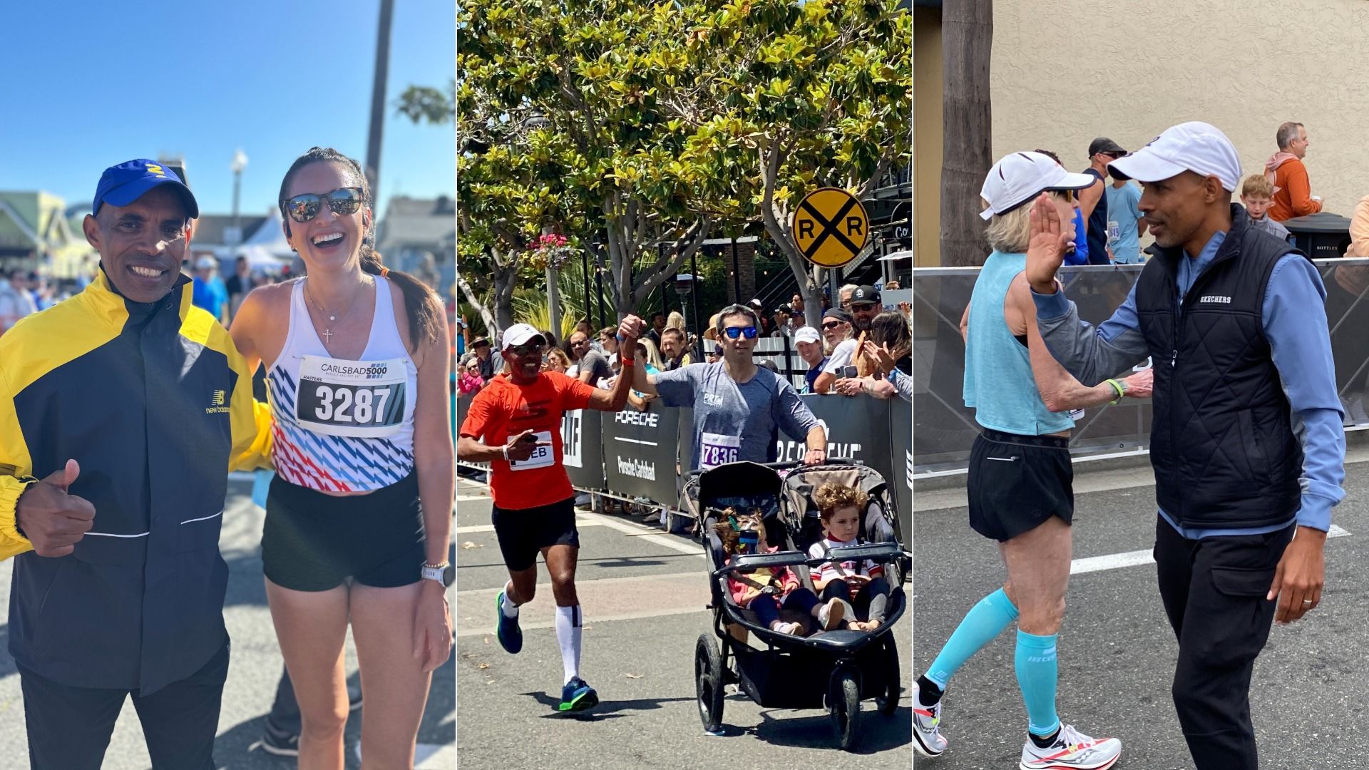 Triptych of race: left shows a smiling man in a yellow-black jacket with bib 3287 beside a woman; middle has cheering runners and a stroller; right shows a man high-fiving another runner by barriers.
