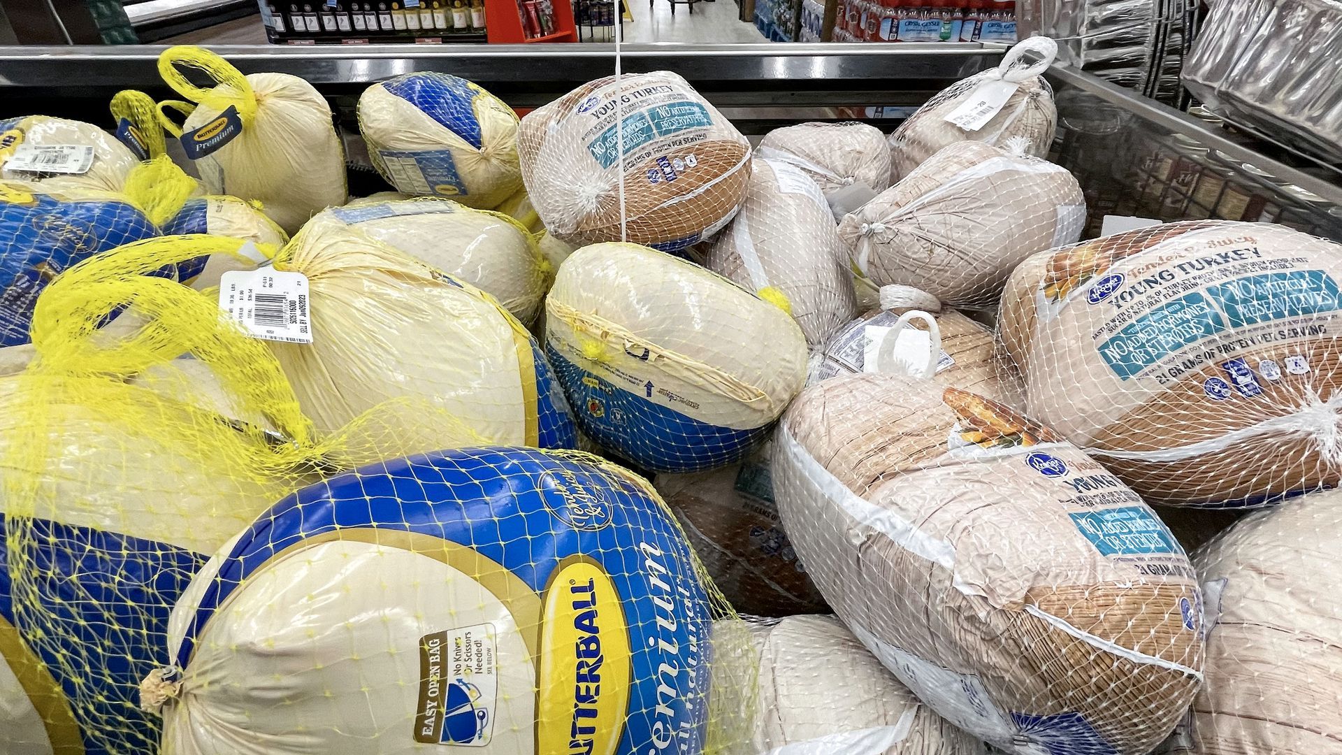 Turkeys for sale at a grocery store.