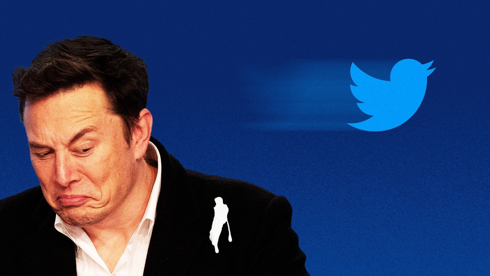Illustration of the Twitter bird flying past Elon Musk, leaving droppings on his shoulder. 