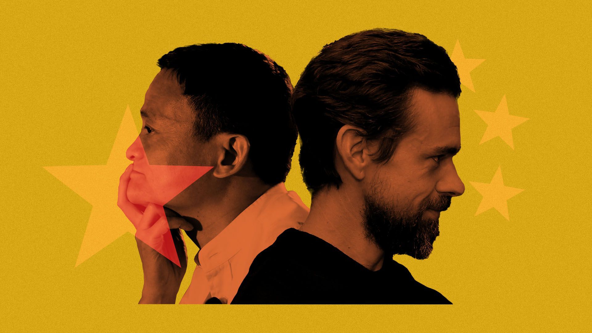 Photo illustration of Jack Ma and Jack Dorsey surrounded by stars