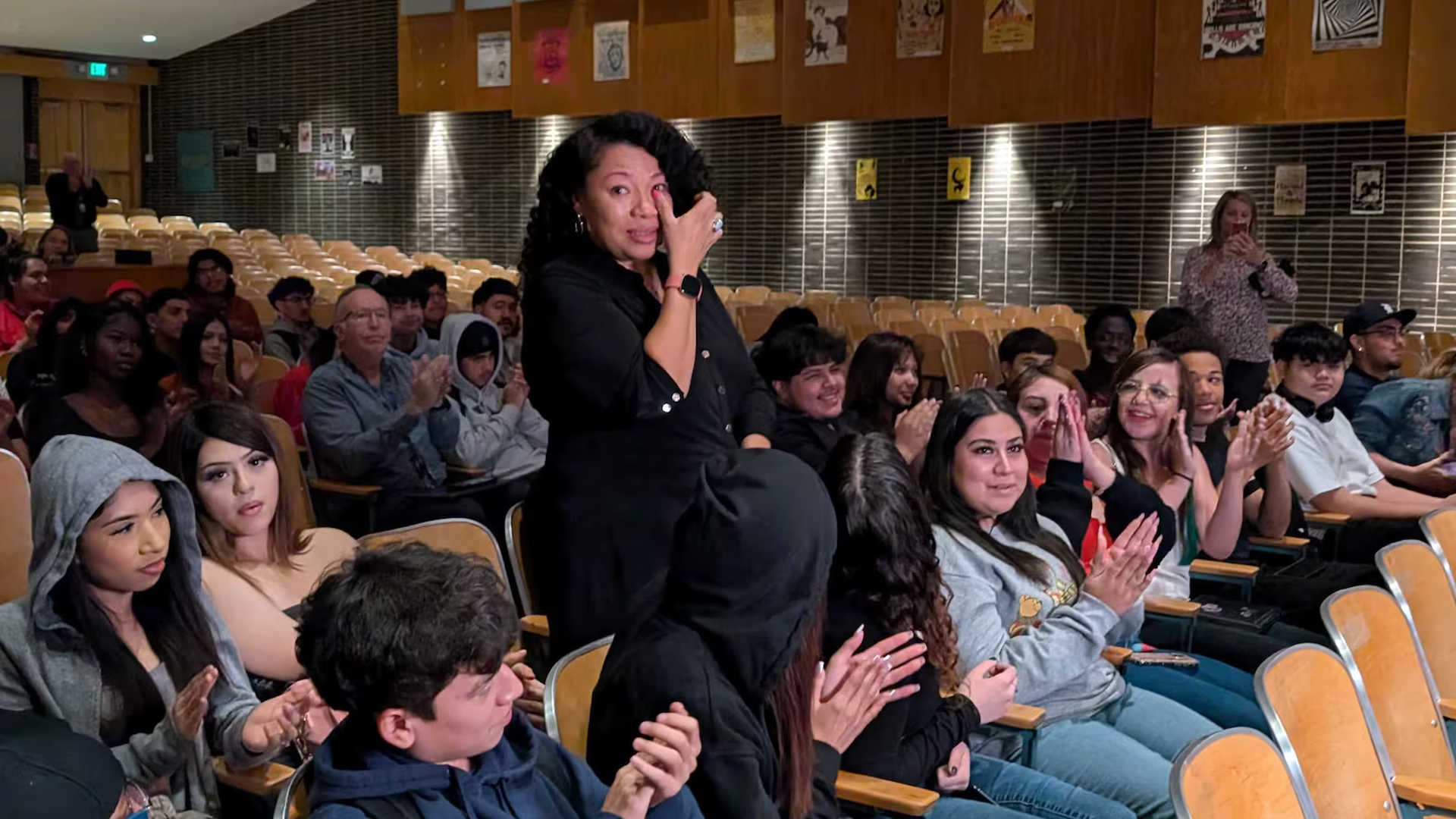 Janet Damon reacts after learning she was chosen as Colorado's Teacher of the Year on Oct. 3. Photo courtesy of Jason Gonzales/Chalkbeat
