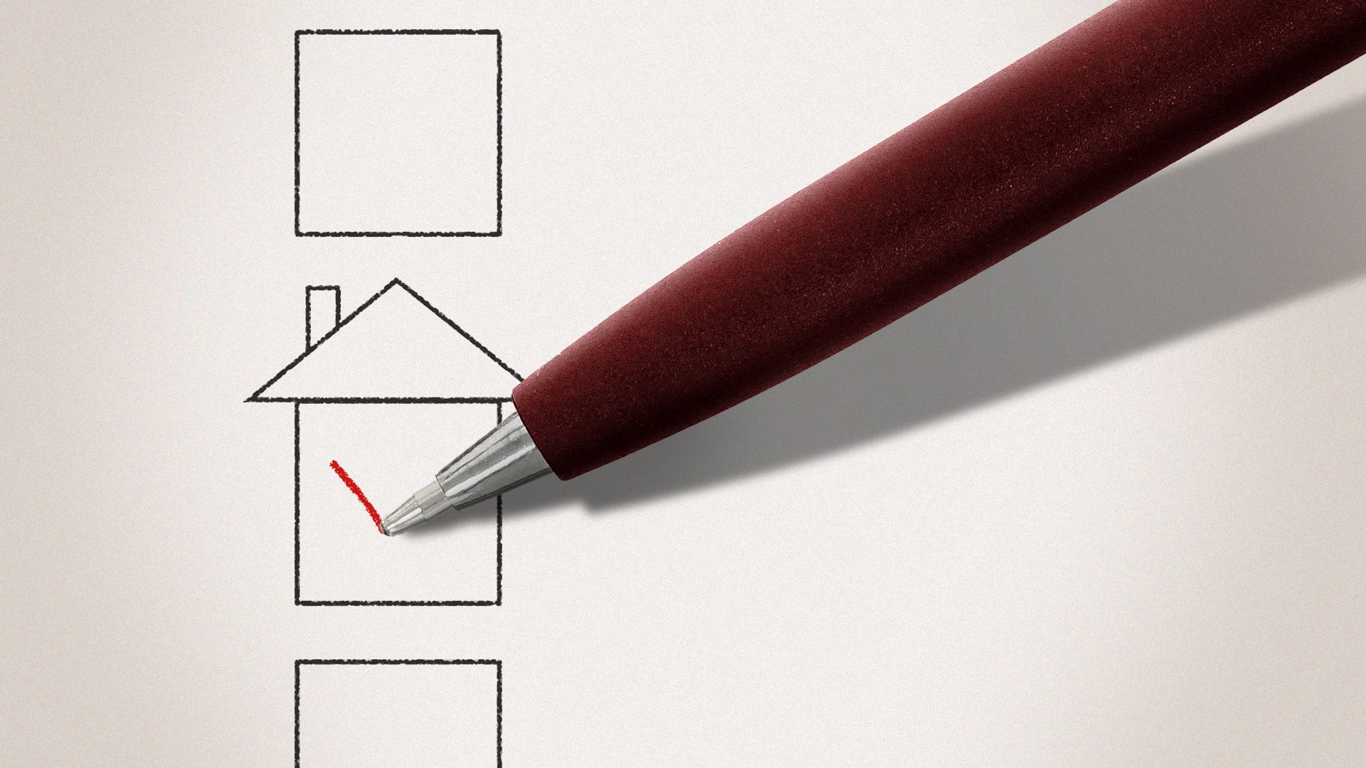 Illustration of a pen filling in a ballot checkbox in the shape of a house.