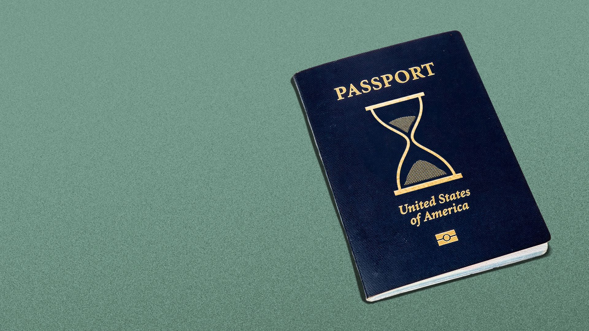 Illustration of a passport with an hourglass on the cover.