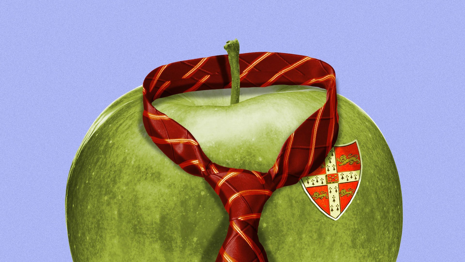 Illustration of an apple wearing a private school tie and emblem 