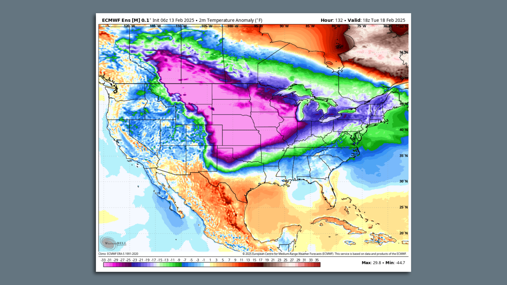 Computer model projection of temperature anomalies across the U.S. during the Arctic outbreak.