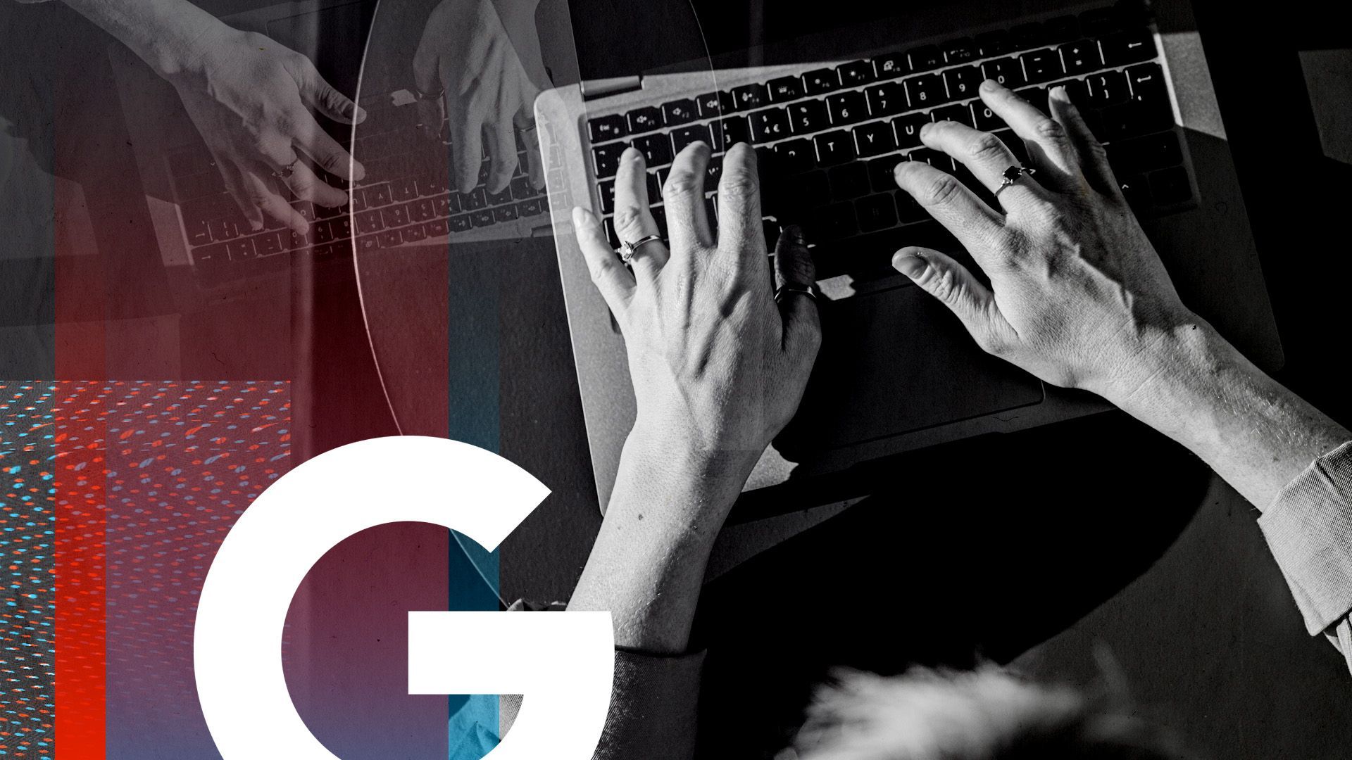 Illustration of hands on a laptop surrounded by glitchy shapes and the Google logo. 