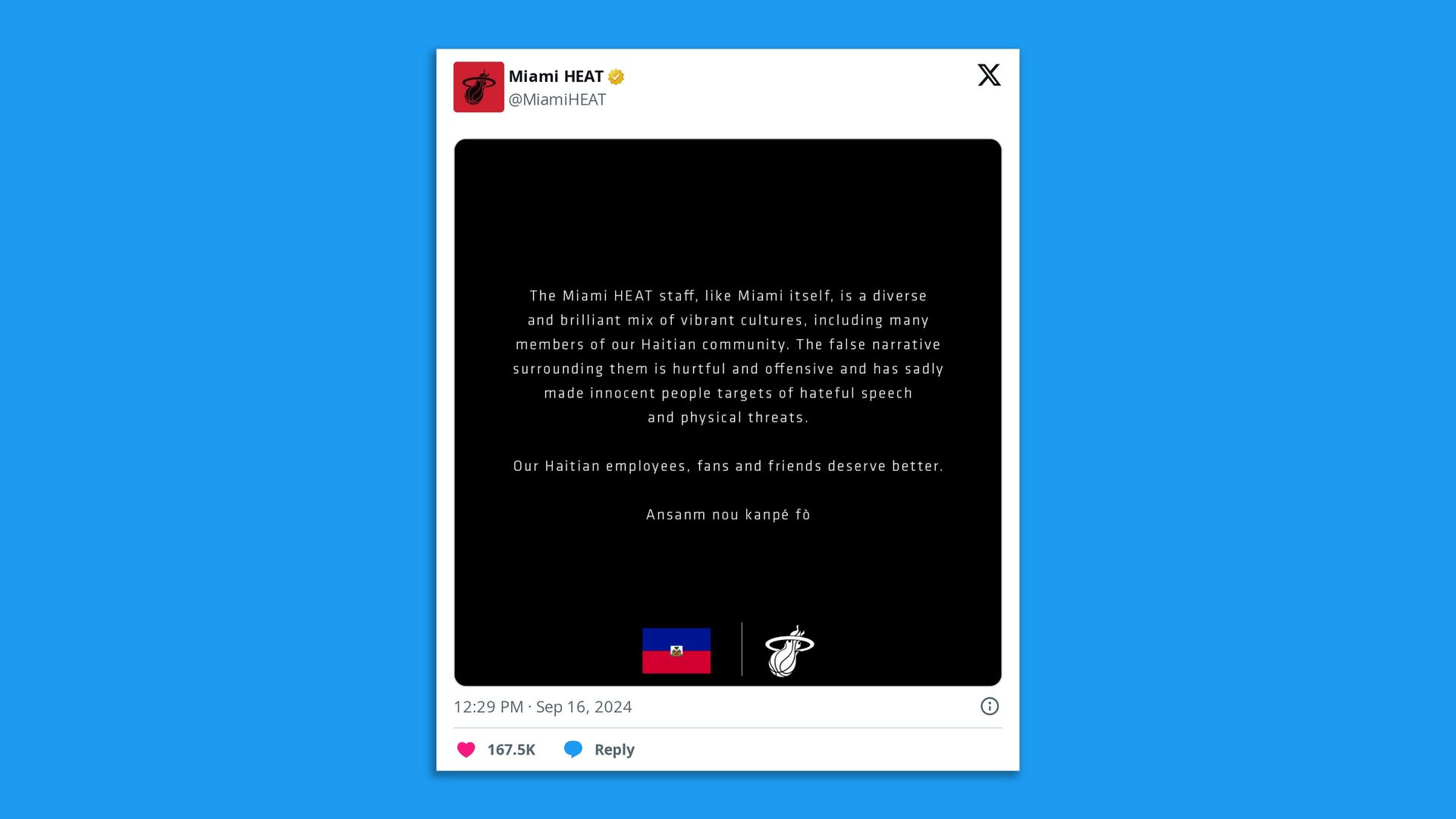 Tweet from the Miami Heat NBA team in support of the Haitian community