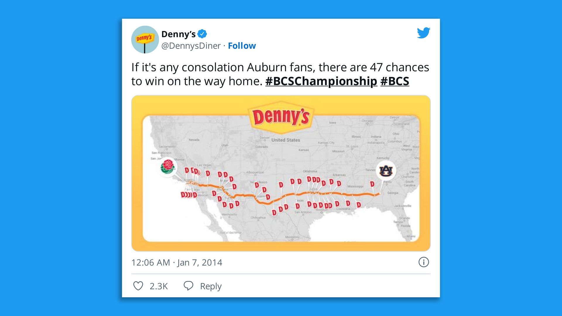 Image of Tweet from Denny's Diner account trolling Auburn for losing the national championship