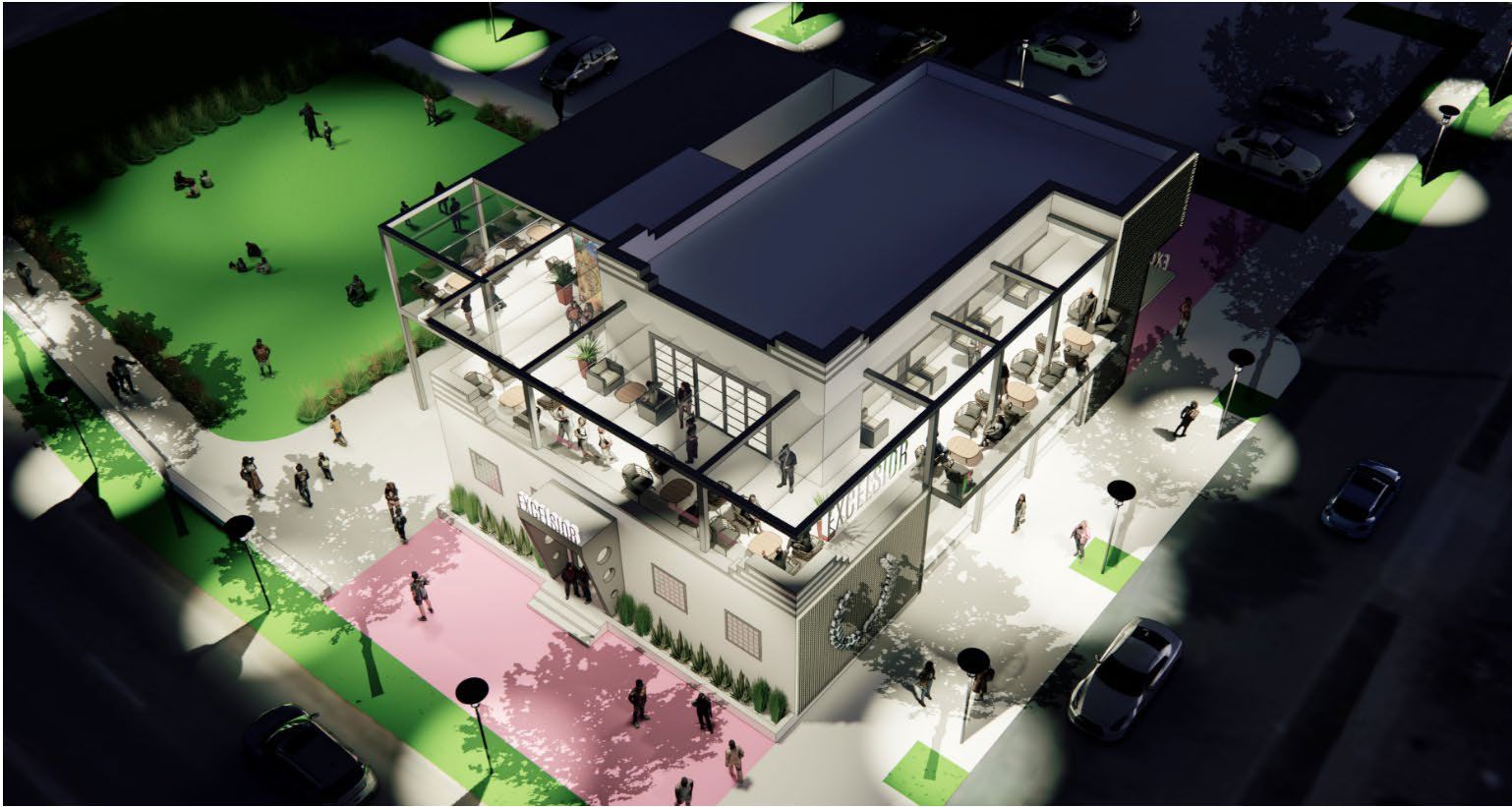 Night view of a modern two-story building named Excelsior with outdoor seating, lit walkways, green lawns, and people walking or seated around the building and sidewalks.