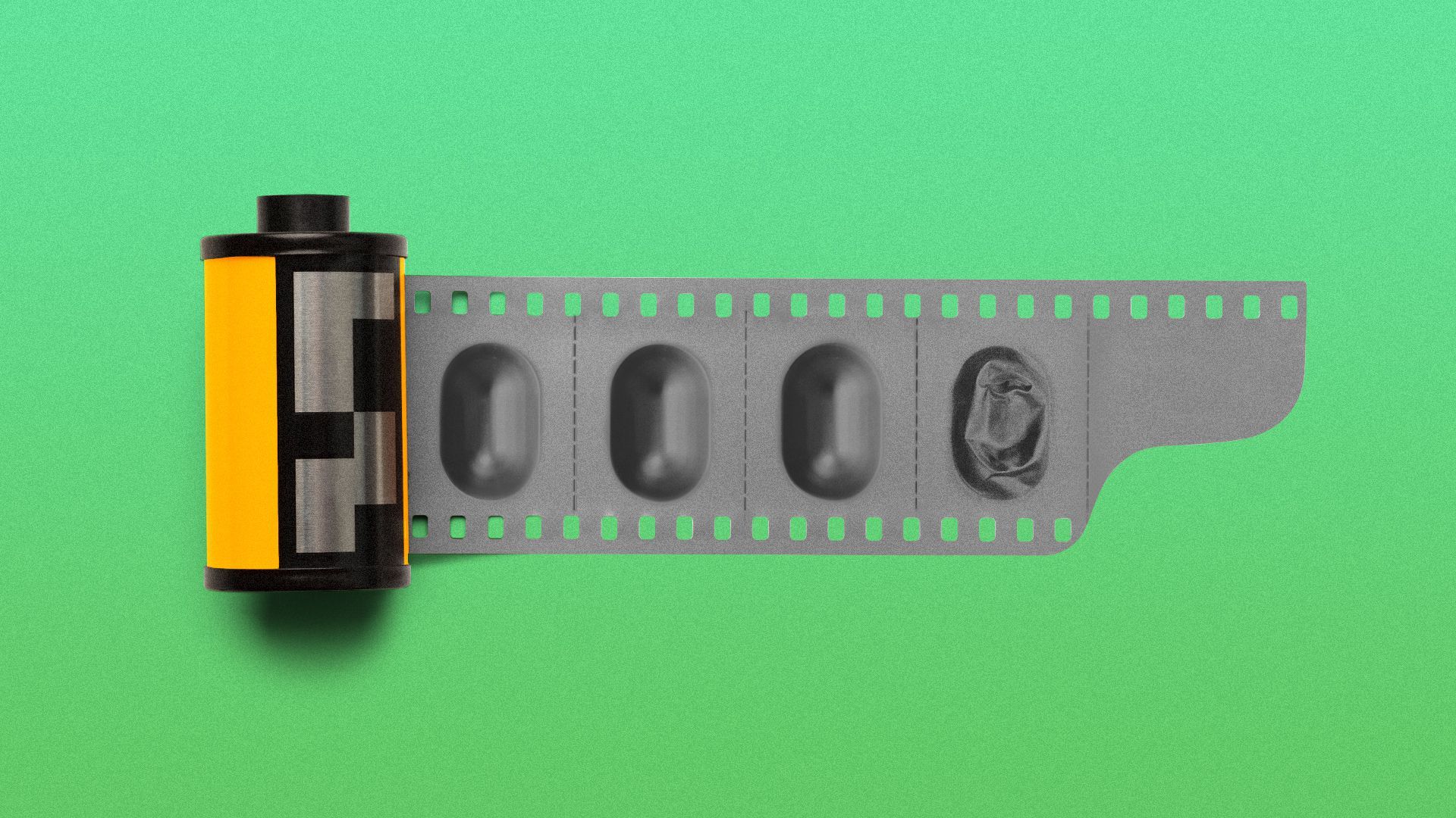 Illustration of a film canister with the film pulled out, the film is a blister pack. 