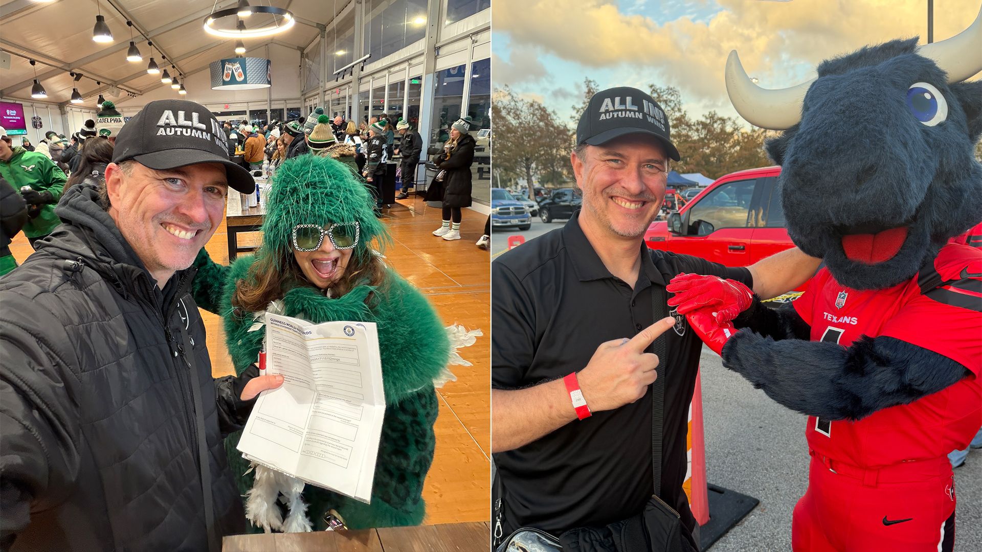 Left to right: Raiders fan Brian Fowler holding one of his witness slips with Eagles fan "Halftime Holly"; Fowler with Texans mascot, Toro.