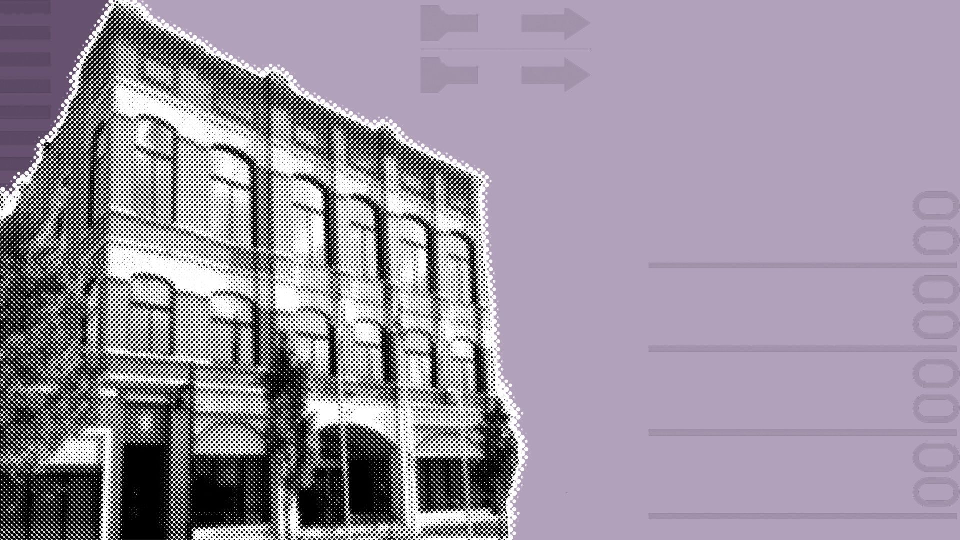 Illustration of Fayetteville City Hall over a purple background with elements of ballots.