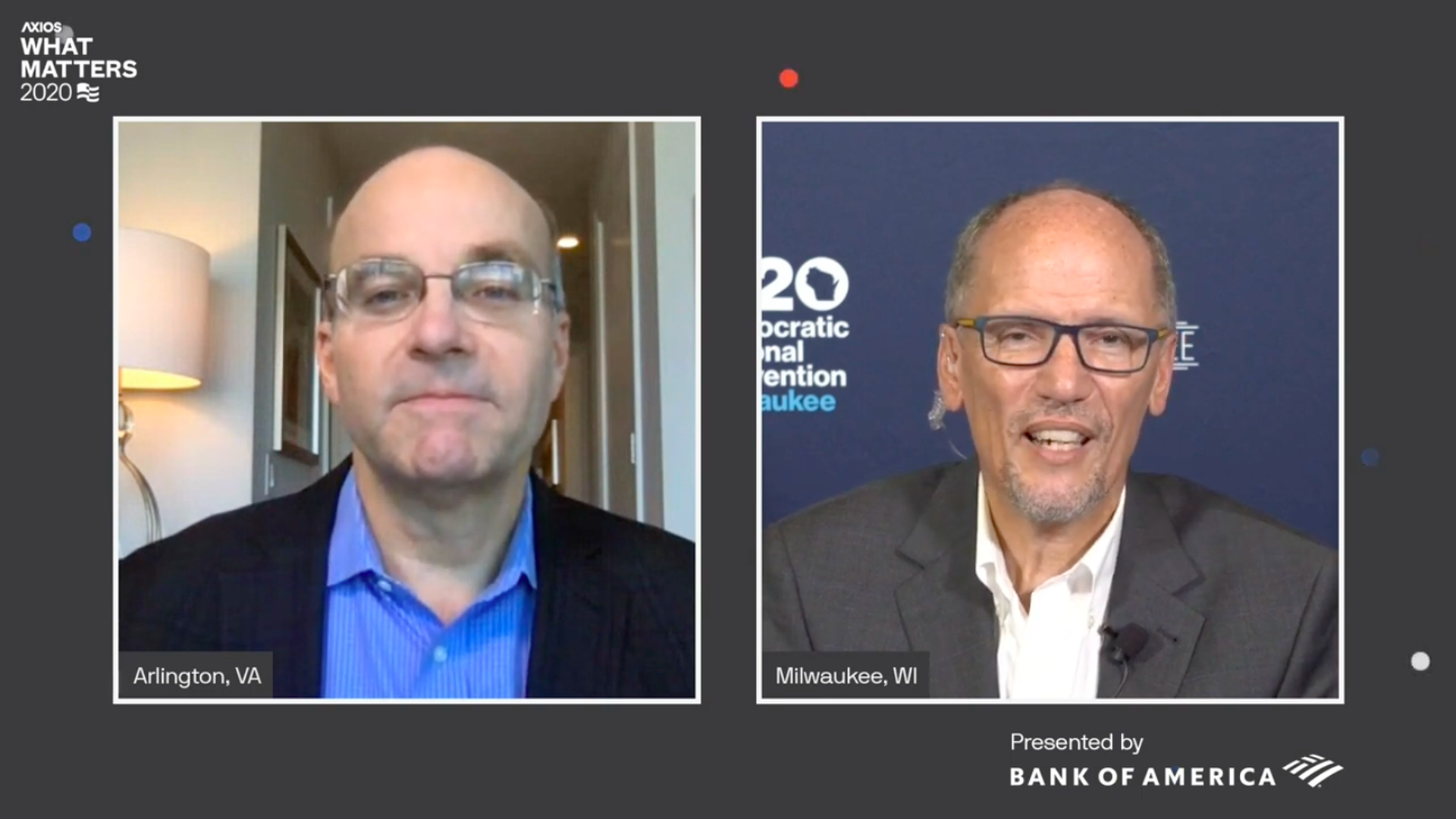Axios' Mike Allen and Tom Perez in a split screen