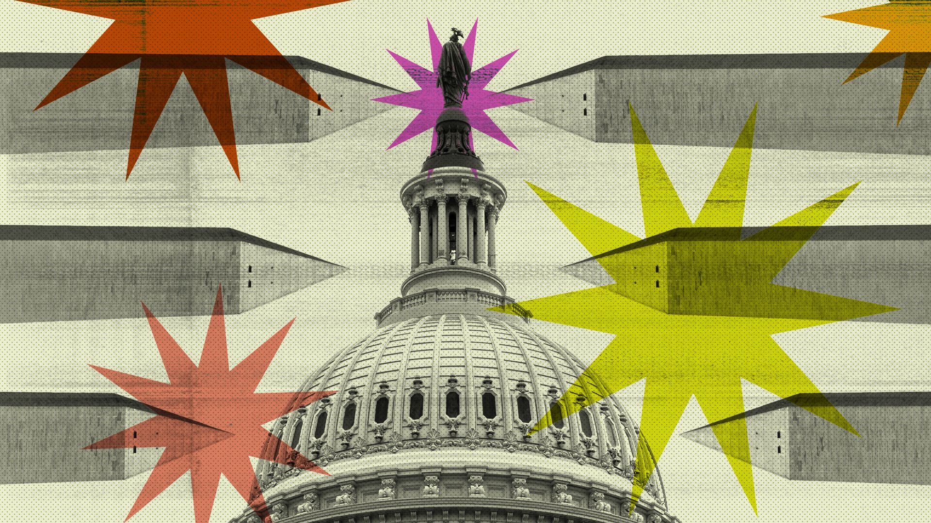 Illustration of the US Capitol and Washington Monument with abstract stars.