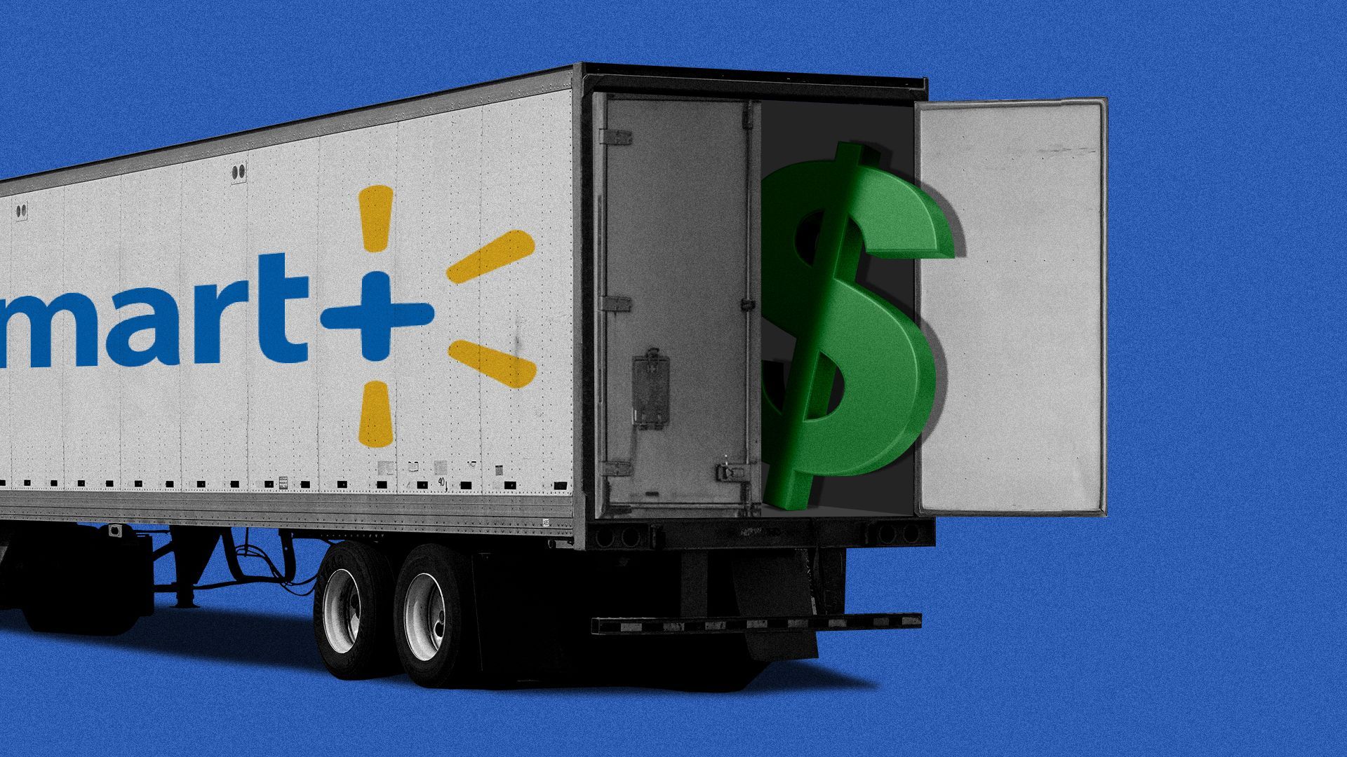 Illustration of a dollar sign peeking out of a tractor trailer.