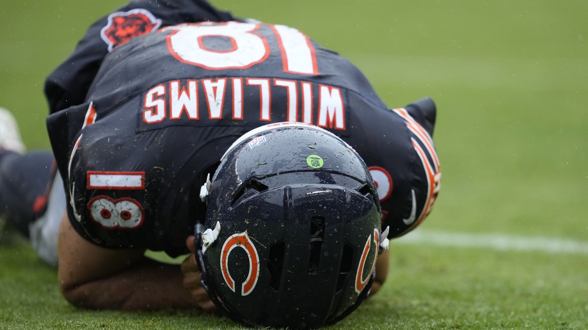 Close-up of a dark football helmet on wet grass, with a black jersey showing the name "WILLIAMS" and a large red-outlined number; green field blurred in the background.